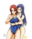  artist_request blue_hair blue_swimsuit fuuka_academy_swimsuit green_eyes hug hug_from_behind kuga_natsuki multiple_girls my-hime oekaki one-piece_swimsuit red_hair school_swimsuit swimsuit yuri yuuki_nao 