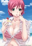  bikini_top breasts cake cleavage collarbone cream doily finger_licking fingernails food fruit green_eyes happoubi_jin iihara_nao large_breasts licking lips navel pastry pink_hair resort_boin shirt short_hair sleeves_pushed_up solo strawberry sweat swimsuit swimsuit_under_clothes tongue unbuttoned wet wet_clothes 
