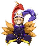  aka_ringo ashton_anchors ashton_anchors_(cosplay) blonde_hair closed_mouth cosplay dragon expressionless fox_tail hat jitome long_sleeves looking_at_viewer monster multiple_tails pillow_hat scales sitting solo spread_legs star_ocean star_ocean_the_second_story sweatdrop tail touhou white_background wide-eyed yakumo_ran 