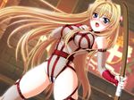  blonde_hair blue_eyes blush bokken breasts covered_nipples crown fishnets game_cg hat inda_no_himekishi_janne jeanne_grenoble kamei large_breasts leather long_hair maebari revealing_clothes solo sword thighhighs weapon wooden_sword 