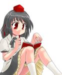  black_hair hat looking_away pen red_eyes ribbon sasuke_(sasuke_no_sato) shameimaru_aya sitting skirt solo tokin_hat touhou 