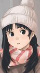  :o bangs beanie black_eyes black_hair blush face hat long_hair looking_at_viewer looking_to_the_side open_mouth original pom_pom_(clothes) portrait red_scarf scarf solo striped striped_scarf tamaru_tokihiko 