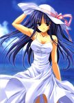  blue_eyes blue_hair day dress fumio_(ura_fmo) hat highres long_hair nagasumi_mana solo sorauta sundress 