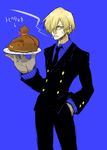  artist_request blue_background cigarette cosplay crossover formal hair_over_one_eye look-alike male_focus one_piece sanji sanji_(cosplay) smoking solo suit tengen_toppa_gurren_lagann viral 