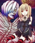  :p amane_misa bangs blonde_hair death_note detached_sleeves multiple_girls nanaran necktie red_eyes rem_(death_note) shinigami sleeveless smile striped striped_legwear thighhighs tongue tongue_out two_side_up 