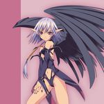  black_wings breasts detached_sleeves f-ism fang_out fangs halterneck highres lavender_hair long_hair murakami_suigun nail_polish navel pointy_ears purple_nails red_eyes small_breasts solo wings 