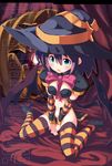  bikini black_bikini blue_eyes bow bowtie breasts cleavage full_body halloween halloween_costume hat looking_at_viewer medium_breasts midriff navel ooyama_kina original pink_bow pink_neckwear red_hair short_hair sitting solo stomach swimsuit thighhighs wariza witch_hat 