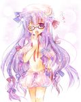  bespectacled bloomers bow glasses hat long_hair midriff one_eye_closed patchouli_knowledge pink_bow purple_eyes purple_hair solo suzushiro_kurumi touhou underwear very_long_hair yawning 