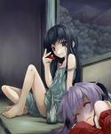  alcohol barefoot blue_hair cup detached_sleeves dress furude_rika hanyuu higurashi_no_naku_koro_ni horns japanese_clothes knee_up leaning_back legs long_hair miko multiple_girls nanaran night purple_eyes purple_hair sakazuki sake sitting sleeping strap_slip 