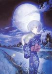  absurdres ayanami_rei blue blue_hair bunny cloud duplicate fan fireflies full_moon highres honda_takeshi house japanese_clothes kimono lamppost looking_back moon neon_genesis_evangelion night pale_skin paper_fan path perspective red_eyes reeds road scan short_hair smile solo stream tree uchiwa water 