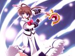  bow fingerless_gloves gloves kusakami_akira lyrical_nanoha magazine_(weapon) magical_girl mahou_shoujo_lyrical_nanoha mahou_shoujo_lyrical_nanoha_a's purple_eyes raising_heart red_bow red_hair solo takamachi_nanoha twintails 