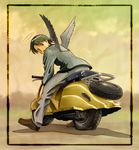  aaru_sentou_shuudan androgynous flat_tire ground_vehicle haibane_renmei halo kana_(haibane_renmei) lambretta motor_vehicle reverse_trap scooter solo wings 