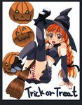  amaya_yuu broom halloween hat jack-o'-lantern leg_lift leg_up original panties pantyshot pumpkin solo striped striped_panties thighhighs trick_or_treat underwear witch_hat 