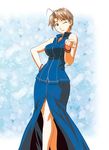  ahoge bangs bare_shoulders bracelet breasts come_hither crossed_legs grey_eyes grey_hair hand_on_hip hips jewelry konno_mitsune large_breasts long_skirt love_hina one_eye_closed parted_bangs short_hair skirt sleeveless solo standing uno_makoto wide_hips zipper 