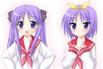  artist_request blue_eyes hair_ribbon hiiragi_kagami hiiragi_tsukasa lucky_star multiple_girls pink_neckwear purple_hair ribbon ryouou_school_uniform school_uniform serafuku tsurime twintails 