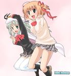  black_legwear bow cape hat imaichi kamikita_komari kneehighs little_busters! long_hair multiple_girls noumi_kudryavka orange_hair panties pantyshot pink_bow plaid plaid_skirt school_uniform short_hair silver_hair skirt socks thighhighs underwear 