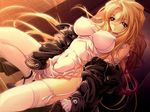  artist_request blonde_hair breasts china_dress chinese_clothes covered_nipples dress game_cg garters huge_breasts jacket kusakabe_yukari lingerie long_hair solo thighhighs underwear zaishuu_-the_sin- 