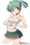  collarbone cropped_legs eyebrows_visible_through_hair green_hair hands_together interlocked_fingers midriff oekaki onija_tarou original pleated_skirt short_twintails simple_background skirt smile solo tank_top twintails watermark web_address white_background yellow_eyes 