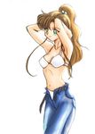  armpits arms_up artist_request belt bishoujo_senshi_sailor_moon bra brown_hair denim green_eyes hair_bobbles hair_ornament jeans kino_makoto lingerie long_hair no_shirt open_fly pants ponytail solo underwear undressing unzipped white_background 