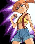  artist_request green_eyes holding holding_poke_ball kasumi_(pokemon) lowres midriff oekaki orange_hair poke_ball poke_ball_(generic) pokemon ponytail side_ponytail solo suspenders 