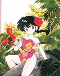  90s anthurium arm_ribbon black_eyes black_hair braid breasts dress floral_print flower forest genderswap genderswap_(mtf) hair_flower hair_ornament hibiscus highres holding holding_knife jungle knife long_hair looking_at_viewer nature outdoors ranma-chan ranma_1/2 ribbon saotome_ranma scan shell short_dress sitting small_breasts smile solo strapless strapless_dress takahashi_rumiko tropical 