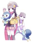  1girl backpack bag beanie brown_eyes brown_hair bucket_hat buttons gen_4_pokemon halloween handbag hat hikari_(pokemon) holding holding_poke_ball long_hair miniskirt naoe_marimo piplup plaid poke_ball pokemon pokemon_(creature) poketch scarf shoulder_bag simple_background skirt skull watch white_background wristwatch 