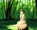  black_eyes black_hair dress forest green looking_up myu nature open_mouth original short_hair sitting sitting_on_tree_stump smile solo tree tree_stump v_arms 