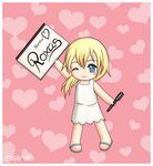  ;) artist_request blonde_hair blue_eyes chibi dress heart holding holding_sign kingdom_hearts looking_at_viewer namine one_eye_closed pen pink_background short_hair sign simple_background sleeveless sleeveless_dress smile solo sundress text_focus white_dress 