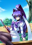  bench blue_eyes blue_hair boots ichijou_hitoshi mitsurugi_meiya muvluv pantyhose ponytail school_uniform solo sword weapon 