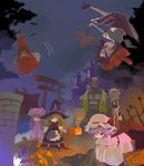  bandages blonde_hair geta hakurei_reimu halloween hat izayoi_sakuya jack-o'-lantern karakasa_obake kirisame_marisa kishi_kaisei mask multiple_girls patchouli_knowledge pumpkin remilia_scarlet shameimaru_aya tengu-geta tengu_mask torii touhou trick_or_treat umbrella upside-down vampire_(game) victor_von_gerdenheim witch_hat 