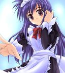  apron blush brown_eyes farin frills hand_in_hair kusakami_akira long_sleeves looking_at_viewer lyrical_nanoha mahou_shoujo_lyrical_nanoha maid maid_headdress outstretched_arm purple_hair smile solo 