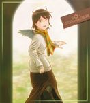  aaru_sentou_shuudan haibane_renmei halo looking_at_viewer multicolored multicolored_clothes multicolored_scarf rakka scarf skirt solo static_cling striped striped_scarf wings 
