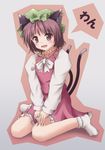  animal_ears brown_eyes brown_hair cat_ears cat_tail chen earrings fang fingernails hat highres jewelry long_fingernails lzh multiple_tails short_hair socks solo tail touhou 