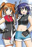  blue_hair fingerless_gloves furafura gloves lowres lyrical_nanoha magical_girl mahou_shoujo_lyrical_nanoha_strikers midriff multiple_girls orange_hair subaru_nakajima teana_lanster thighhighs translation_request twintails 