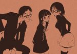  2girls arms_behind_back bad_id bad_pixiv_id bangs blunt_bangs bow cigarette dress_shirt fang formal fugetsu_taku glasses hand_on_hip hand_on_own_knee leaning long_hair looking_back monochrome multiple_girls necktie open_mouth orange_(color) original pleated_skirt raised_eyebrows school_uniform shirt short_hair skirt smile suit thighhighs 