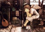  abe_yoshitoshi angel angel_wings bouzouki concertina haibane_renmei halo highres instrument kettle lute_(instrument) rakka school_uniform solo wings 