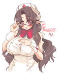  akatsuki_francesca bare_shoulders bespectacled black_hair bow breasts cuffs curvy demon_girl glasses hat horns huge_breasts long_hair mature mel/a nurse nurse_cap original pointy_ears red_eyes sleeveless solo succubus wide_hips 