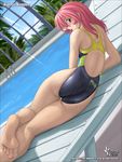  ass barefoot blush brown_eyes chair competition_swimsuit dutch_angle embarrassed feet from_behind high_cut_kingdom highleg highleg_swimsuit indoors light_rays long_hair looking_back lounge_chair lying murasaki_nyaa ocean on_side one-piece_swimsuit pink_hair pool pool_ladder poolside soles solo sunbeam sunlight swimsuit thigh_gap tight wet window 