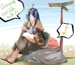  blue_eyes blue_sky boots brown_footwear day eighth_note english full_body gun holding holding_weapon knee_boots looking_at_viewer musical_note outdoors ragnarok_online ribbon road_sign shigen sign sky solo speech_bubble spoken_musical_note swordsman_(ragnarok_online) talking text_focus weapon 