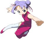  blue_eyes china_dress chinese_clothes double_bun dress face fighting_stance full_body hands kanzaki_hiro open_mouth original outstretched_arms purple_hair red_dress red_footwear simple_background sleeveless sleeveless_dress smile solo spread_arms thighhighs white_background white_legwear 