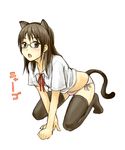  all_fours amagai_tarou animal_ears cat_ears cat_tail glasses lowres neck_ribbon no_pants original panties ribbon side-tie_panties solo striped striped_panties tail thighhighs underwear 