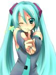  aqua_hair artist_request foreshortening hatsune_miku long_hair one_eye_closed pointing solo twintails very_long_hair vocaloid 