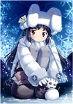  animal_ears animal_hat black_hair boots bunny_ears bunny_hat buttons coat gloves grey_legwear hat kooh large_buttons long_hair pangya purple_eyes scarf skirt snow snowflakes snowing snowman solo squatting striped striped_legwear thighhighs umbrella white_gloves white_scarf yamabuki_zarame 