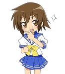  brown_eyes brown_hair fang ixy kusakabe_misao lucky_star ryouou_school_uniform school_uniform serafuku short_hair solo yellow_neckwear 