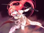  bleeding blood blue_eyes downblouse ignis injury japanese_clothes jingai_makyou katana long_hair nishii_(nitroplus) ponytail red_hair solo sword weapon 