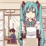  1girl apron blue_eyes blue_hair computer cooking empty_eyes hatsune_miku long_hair magamoto master_(vocaloid) pot twintails vocaloid 