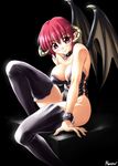  bat_wings boots bracelet breasts choker cleavage collar corset demon_girl horns jewelry kagehara_hanzou large_breasts latex leg_up legs long_legs original red_eyes red_hair short_hair sideboob solo thigh_boots thighhighs thighs wings 