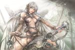  breasts chain eyepatch kuratch medium_breasts original sideboob solo spread_legs sword weapon white_hair wings 