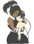  artist_request back backless_outfit bare_back black_hair bleach blue_hair blush closed_eyes dark_skin gloves hand_on_another's_head hug multiple_girls ponytail shihouin_yoruichi short_hair_with_long_locks sui-feng yuri 