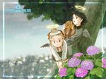  :3 aaru_sentou_shuudan bent_over bread flower food glasses haibane_renmei halo hikari_(haibane_renmei) hydrangea kana_(haibane_renmei) multiple_girls rain tree wallpaper wings 